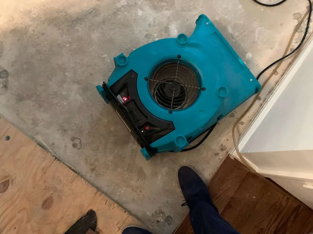 Air mover drying subfloor during Commercial Water Damage Restoration in Grandwood Park